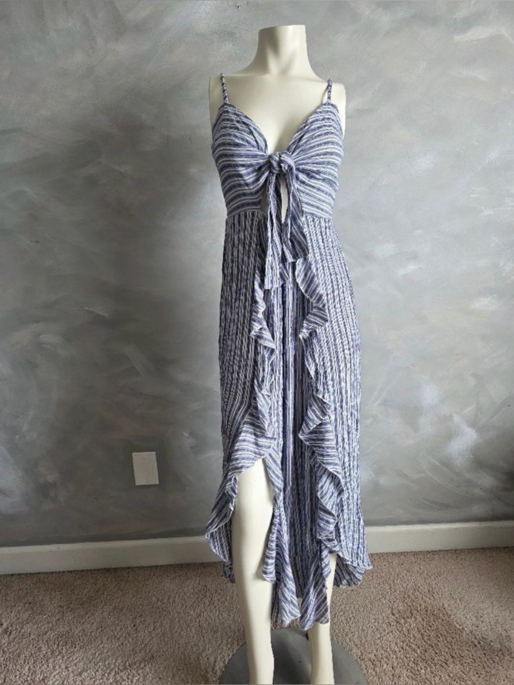 Angie Striped Twist Tie Front Cut Out Ruffle Split Slits Maxi Dress M Blue White
